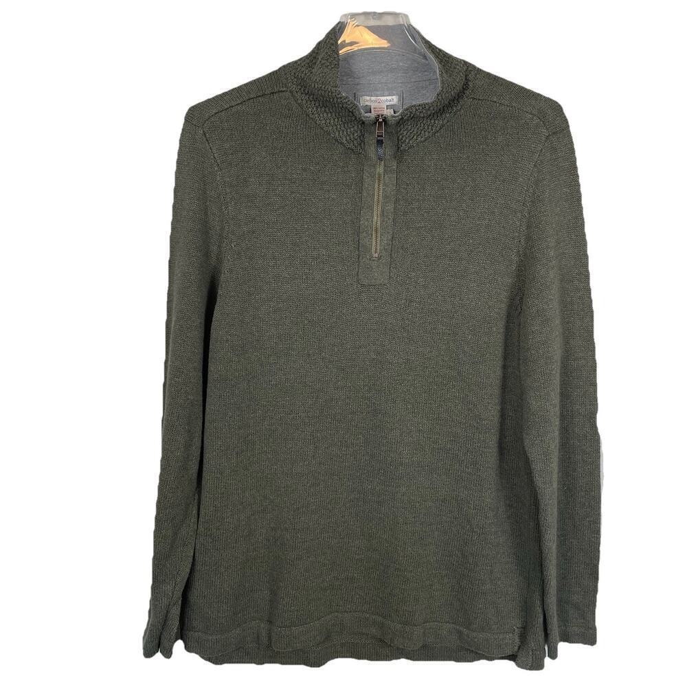 Carbon 2 Cobalt 1/4 Zip Sweater Mens Large Olive Rib Knit Textured Preppy Casual